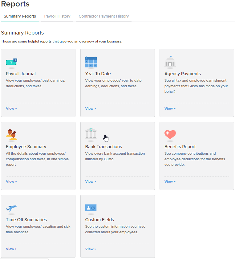 Gusto Payroll Admin Portal has the ability to run reports and more!
